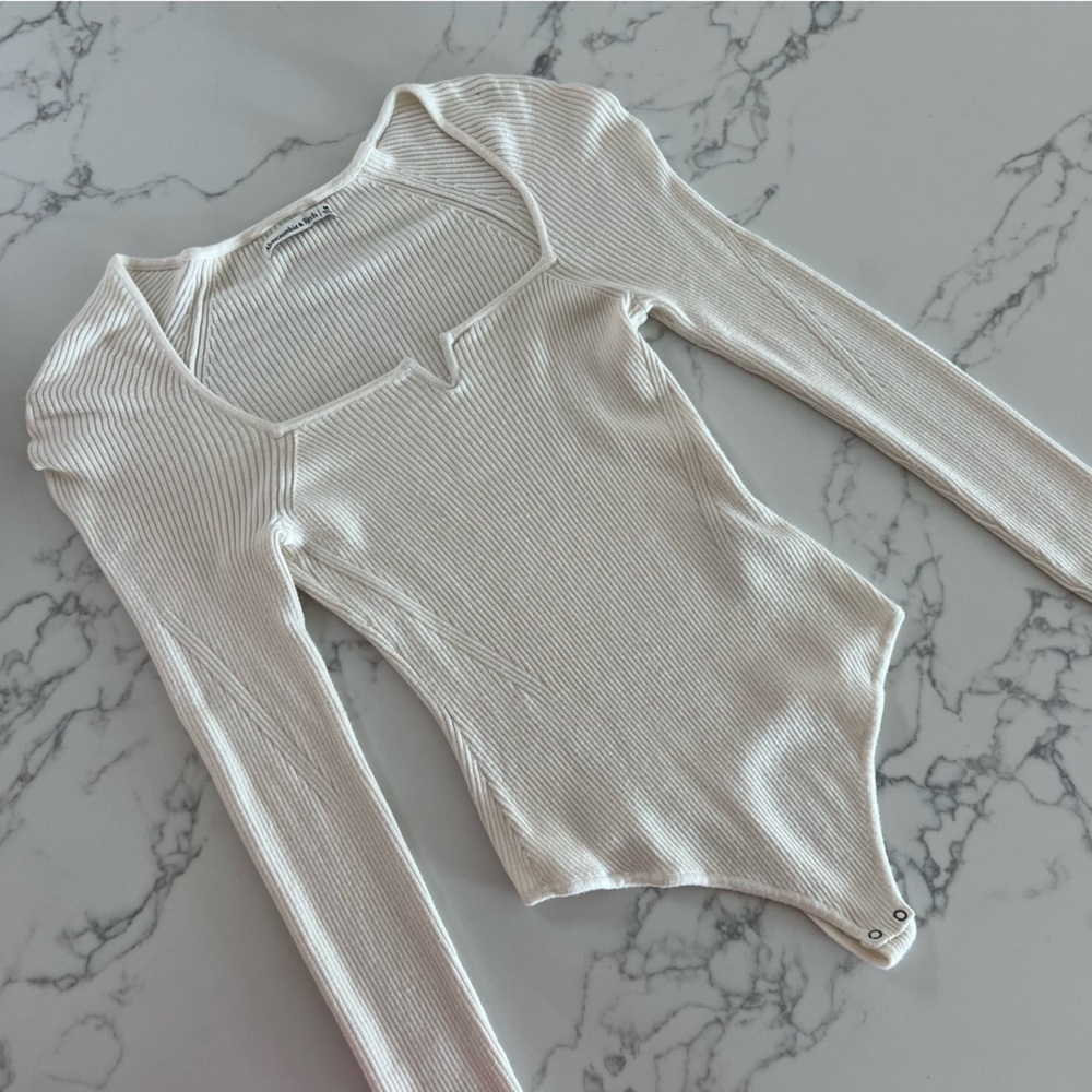 Abercrombie & Fitch Square Neck Ribbed Sweater Bodysuit - Ivory - Size Large